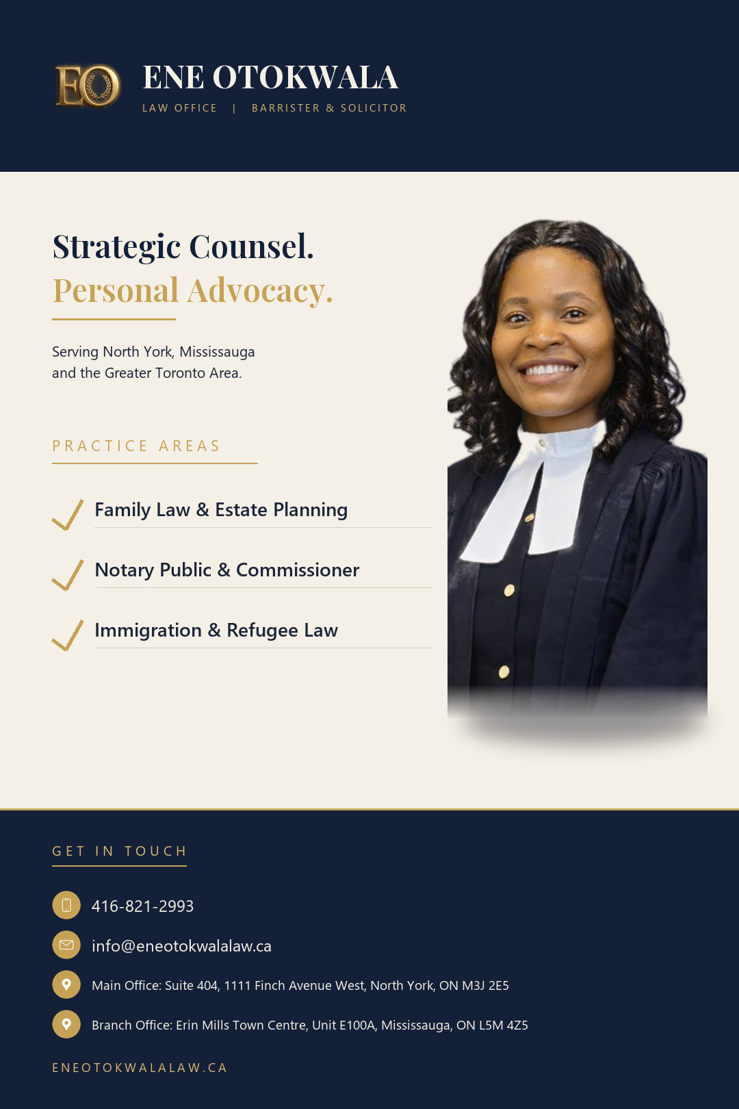 Ene Otokwala Law Office flyer: Family Law & Estate Planning, Notary Public & Commissioner, and Immigration & Refugee Law; phone 416-821-2993; info@eneotokwalalaw.ca; main office in North York and branch office in Mississauga
